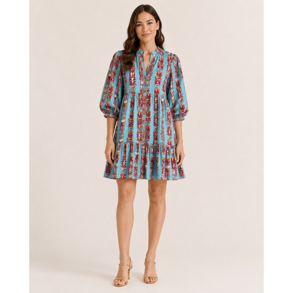 Emily McCarthy Womens L Poppy Dress Turquoise Totem Print Tiered Puff Sleeve